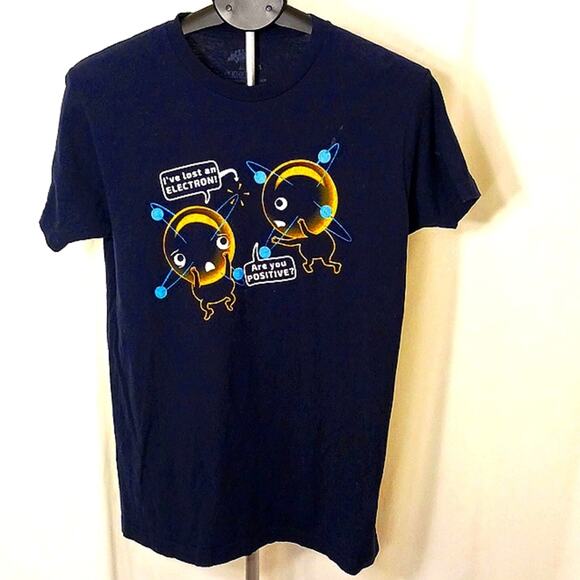 Funny Science T Shirt Men's Sz M NAVY BLUE Electrons Positive Cartoon Humor WORK - Picture 1 of 6